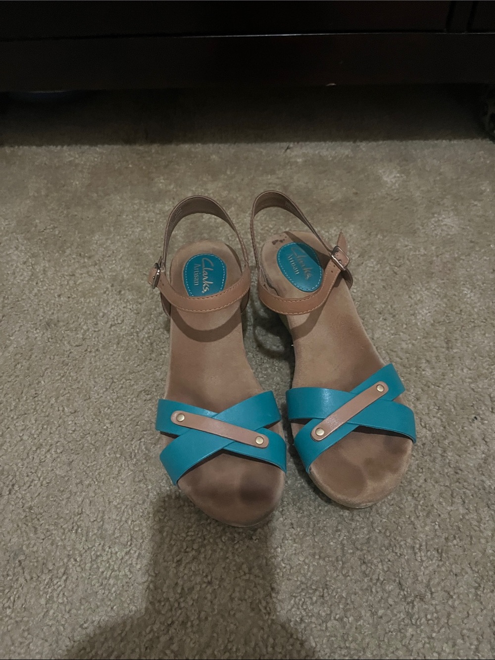 Clarks Women's Turquoise and Tan Cross-Strap Wedge Sandals
